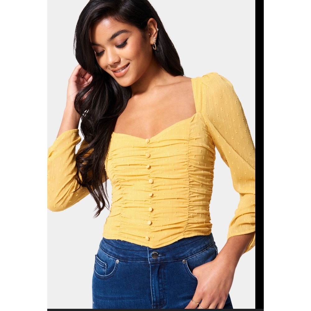 Bebe PUFF‎ SLEEVE RUCHED WOVEN TOP Sweetheart Neckline Size 4